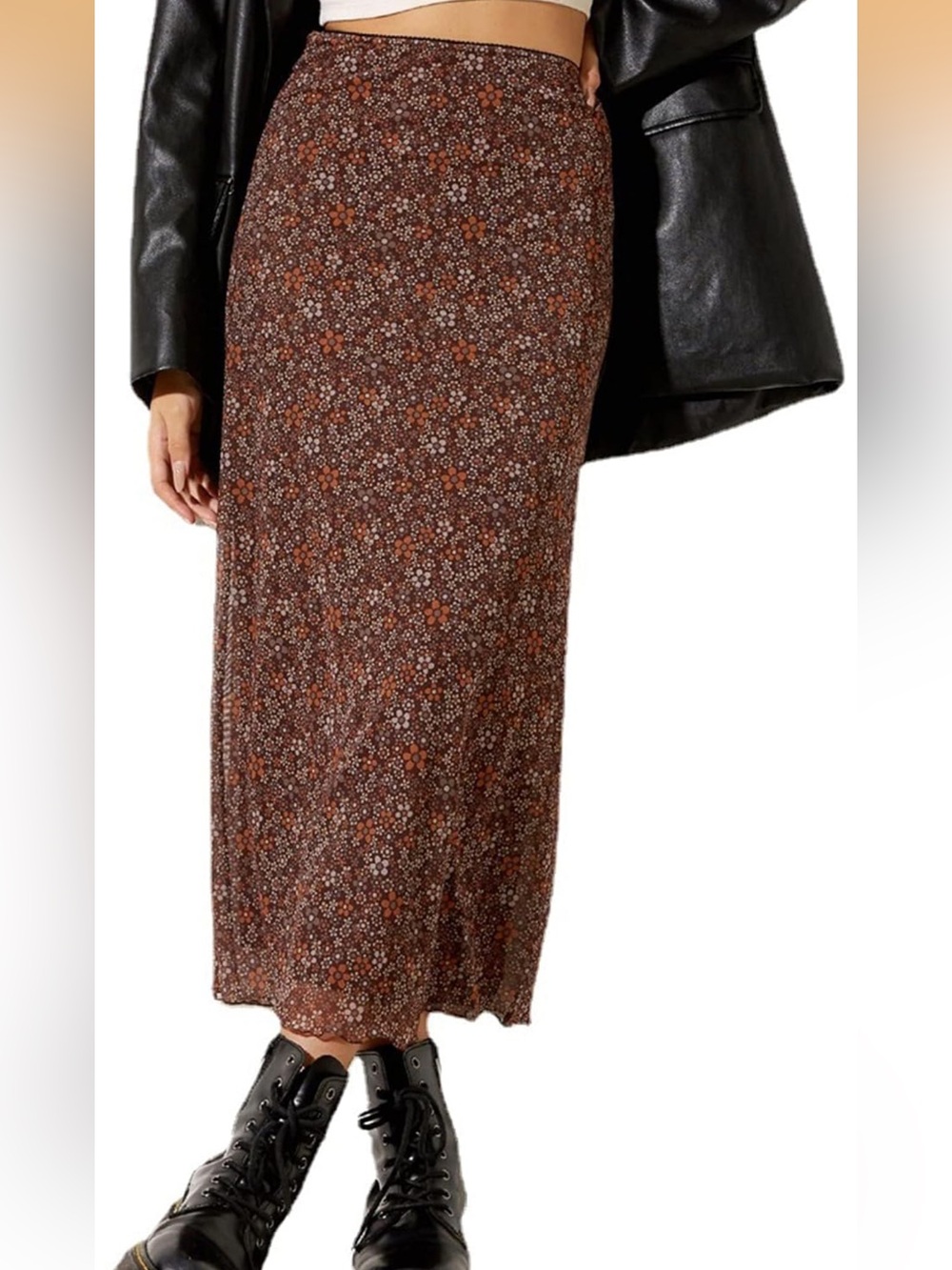 Floral Midi mesh Skirt in Brown